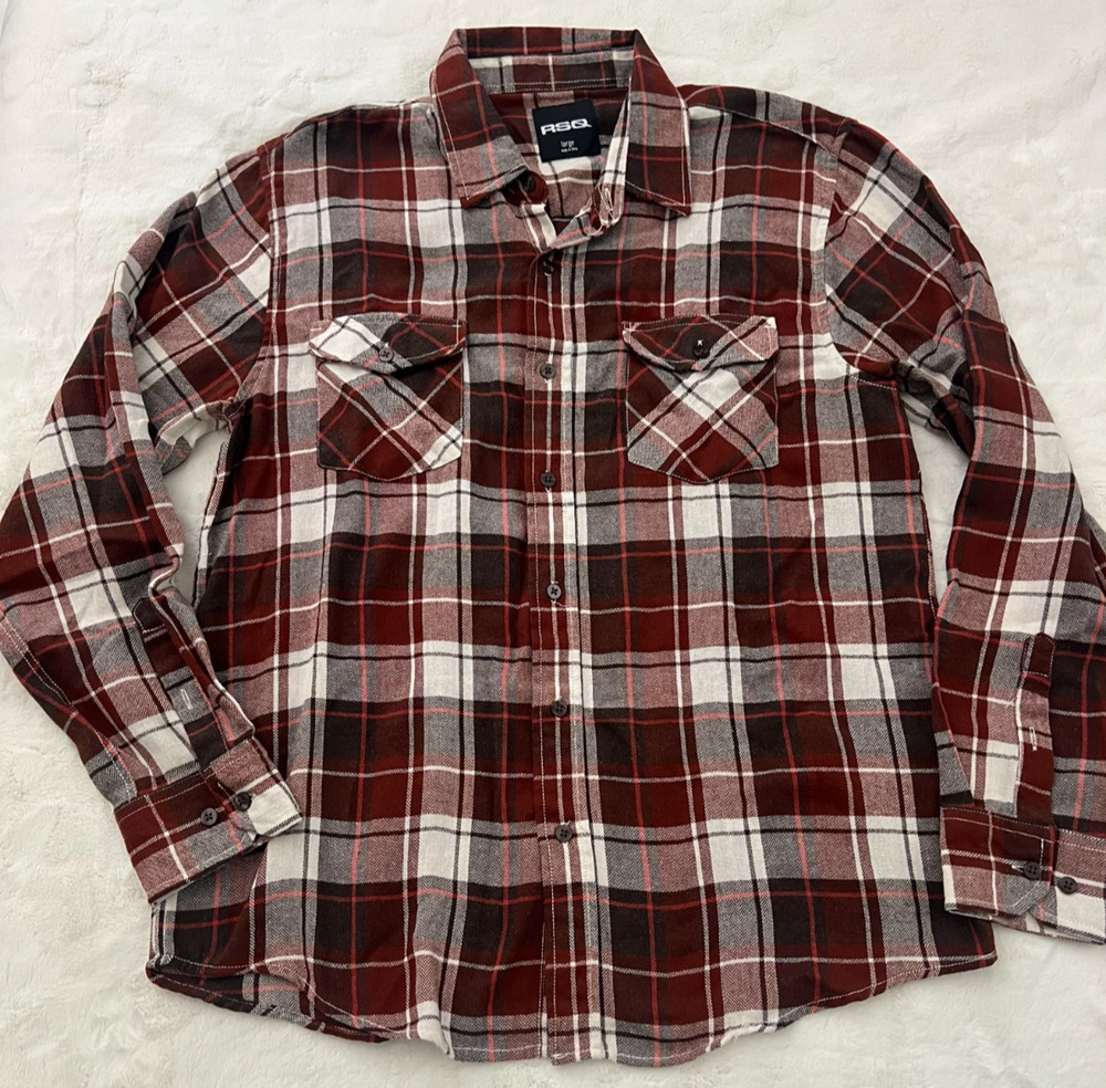 RSQ Mens Large Plaid Flannel Shirt Red Gray White Long Sleeve Button Up